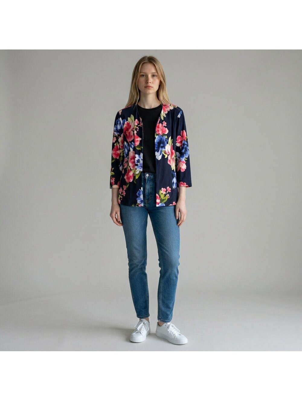 Jessica Howard Top Women 12 Blue Floral Open Front 3/4 Sleeve Lined Casual